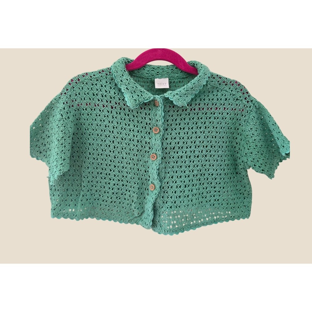 Next Kids Green Crochet Knit Short Sleeve Cardigan Button Front Size 2-3Y